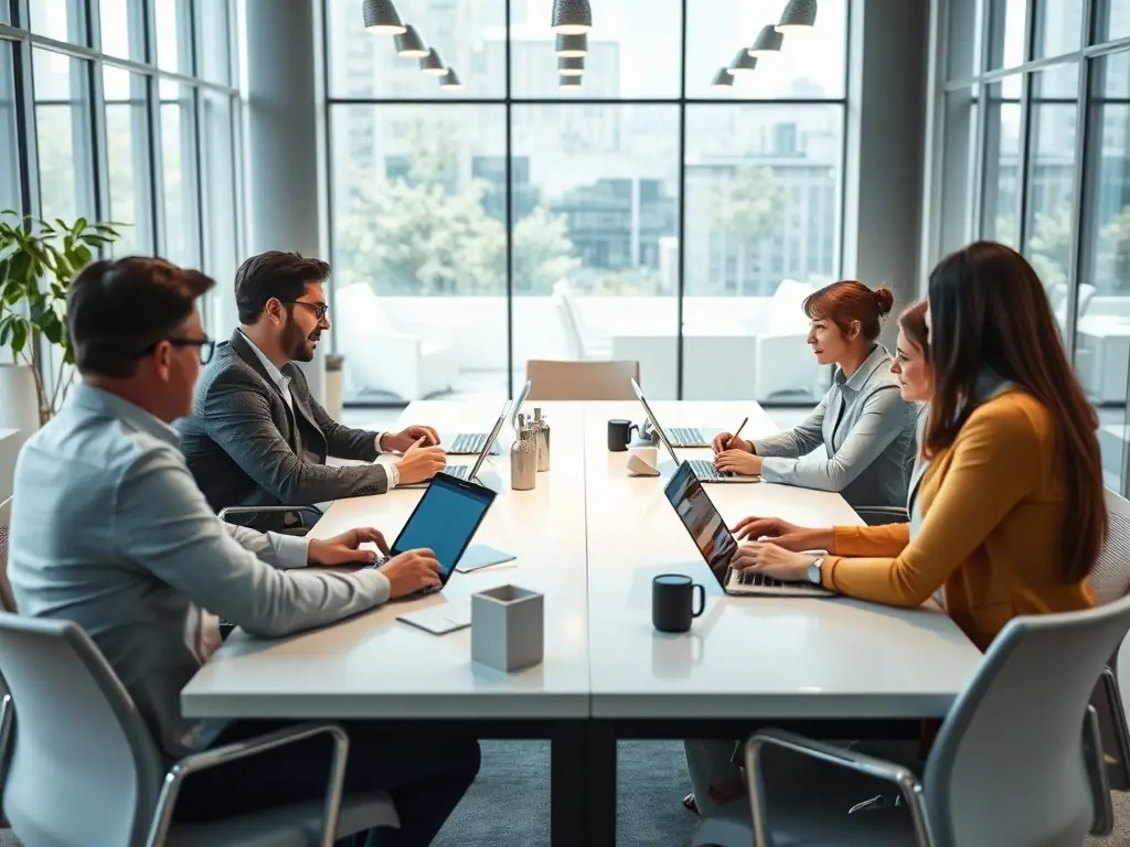 A team of consultants is collaborating on a light transformation project, using AI tools to optimize business processes and improve efficiency in a bright, open-plan office.