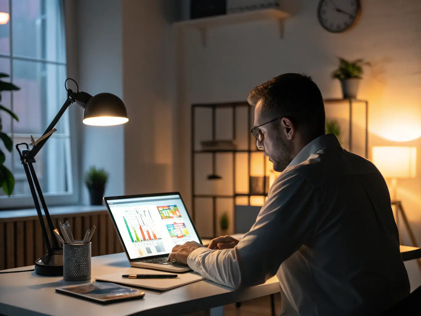 A professional business consultant is conducting an AI assessment for a client, analyzing data on a laptop in a modern office setting, with charts and graphs displayed on the screen.