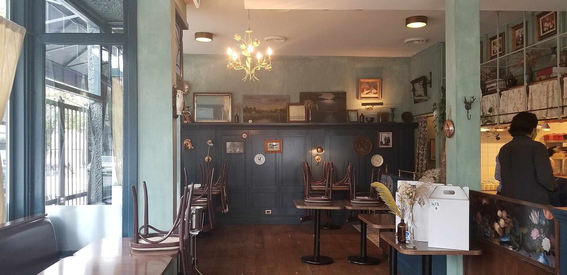 Elegant restaurant dining room with set tables